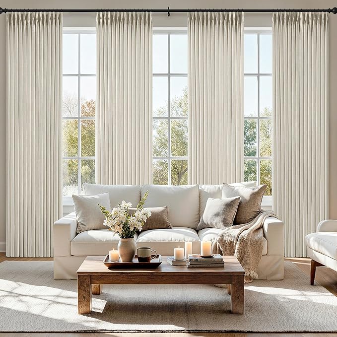 MIULEE Pinch Pleated Thick Linen Curtains 90 Inch 4 Panels Set Back Tab Memory Trained Pinch Pleat Semi Sheer Light Filtering Privacy Curtain Let Light in Window Drapes for Living Room Bedroom Cream
