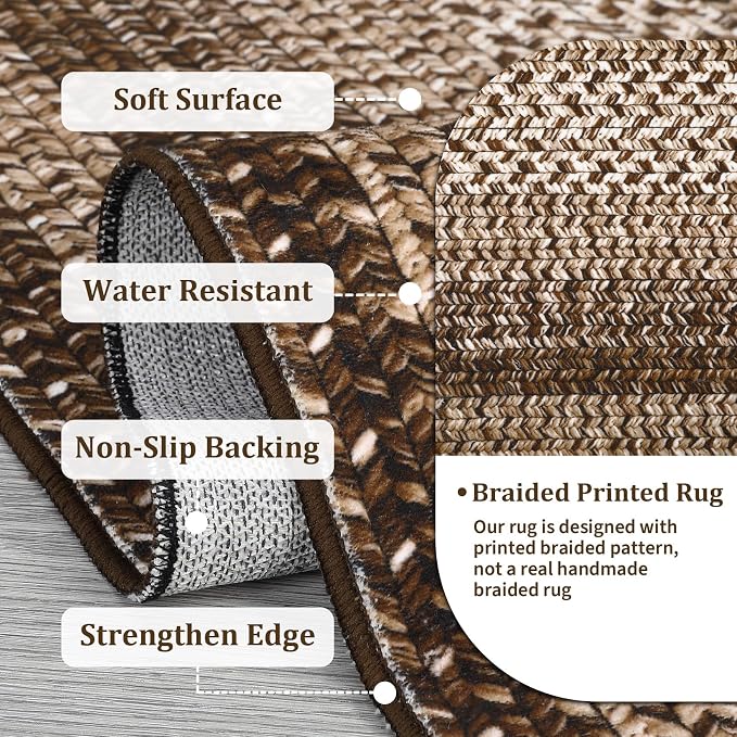 5x8 Oval Living Room Area Rug Washable Modern Border Bedroom Bedside Area Rugs Non Slip Low Pile Dining Room Oval Throw Carpet Contemporary Rugs for Living Room Kitchen Nursery, Brown