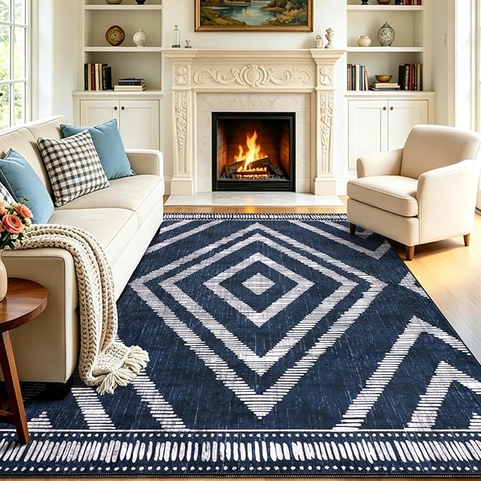 Boho Washable Rugs 6x9ft for Living Room, Navy Blue Low Pile Bedroom Area Rugs Non Slip, Moroccan Soft Kids Nusery Area Floor Carpets for Dining Room Playroom Kitchen Home Office Decor