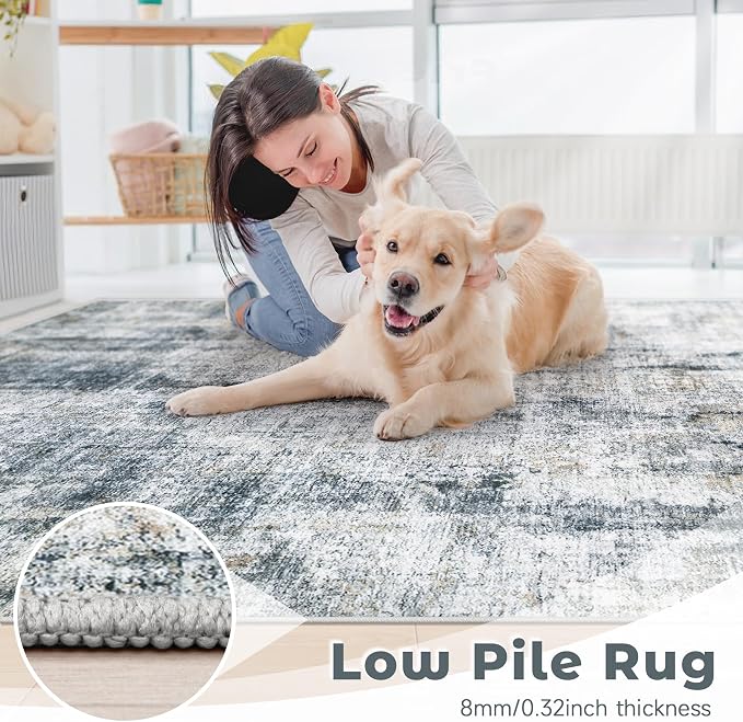 9x12 Area Rug for Living Room: Washable Abstract Soft Rugs Non Slip Modern Stain Resistant Low Pile Carpet for Dining Room Bedroom Nursery Office (Multi Blue, 9'x12')