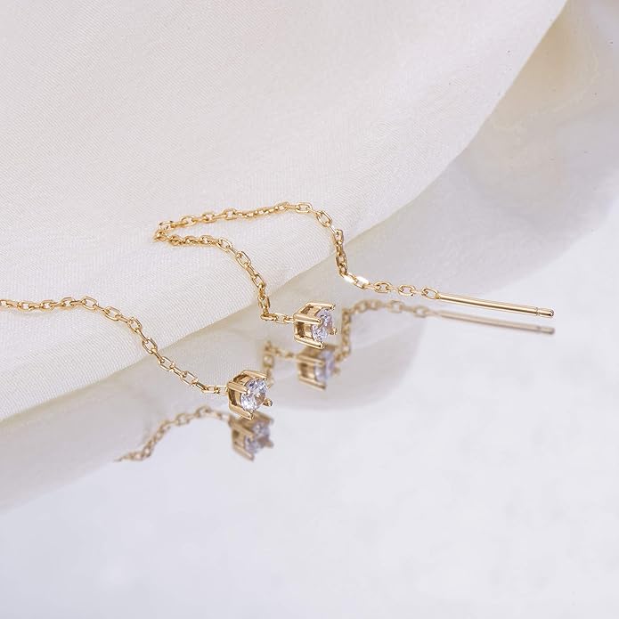 S.Leaf Gold Chain Threader Earrings for Women Trendy 925 Sterling Silver Hypoallergenic Cubic Zirconia Backless Ardant Chain Duster Threader Double Piercing Pull Through Earrings for Women Girls Birthday Gifts
