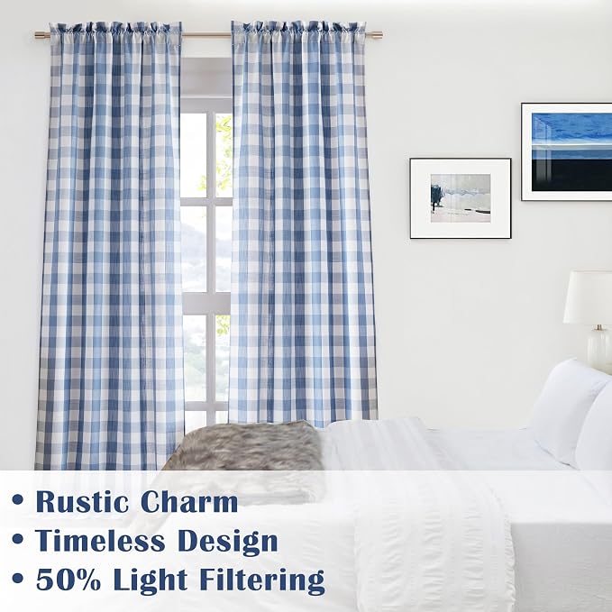 Dusty Blue and White Buffalo Plaid Semi Sheer Curtains 90 Inches | Extra Long Farmhouse Panels for Living Room Bedroom Sliding Glass Doors,Yarn Dyed Fabric,Rod Pocket,52"Wx90"L,Pack of 2
