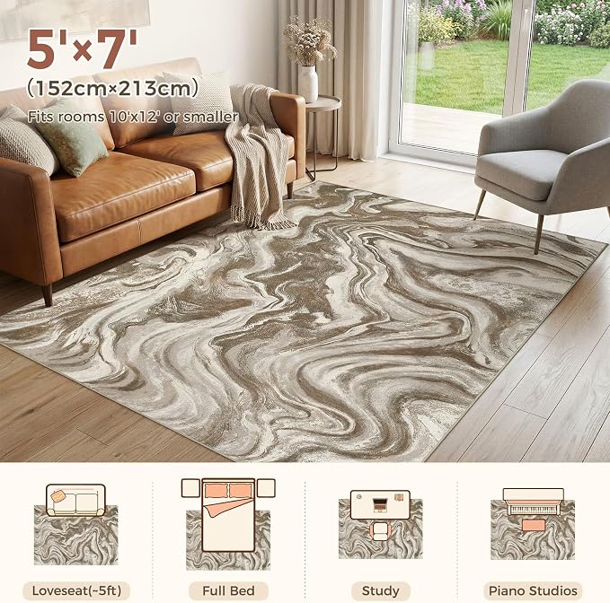 DMOYEST 5x7 Washable Area Rug for Living Room,Non Slip Abstract Rugs,Modern Soft Low Pile Carpet for Bedroom,Dining Room,Home Office-Sand Brown