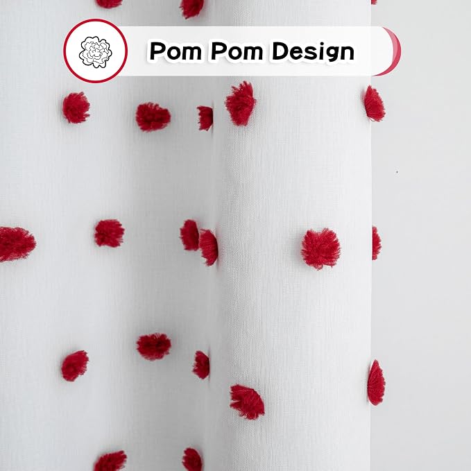 MYSKY HOME Blackout Curtains for Nursery Thermal Insulated Red Pom Pom Curtains 72 Inch Long for Girls Bedroom 2 Panels White Sheer Curtains for Dining Room Door Grommet, 52 x 72 in