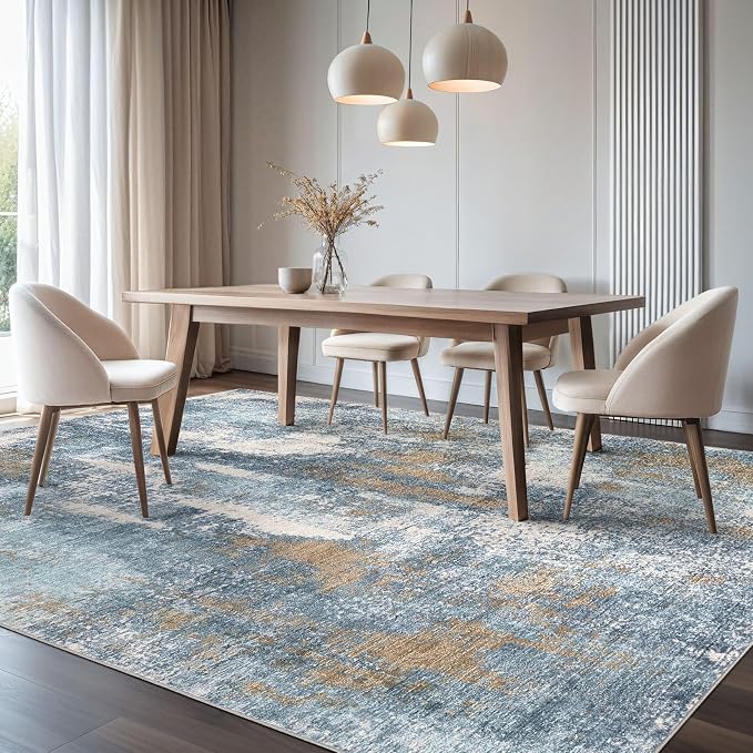 DMOYEST Area Rug Living Room Rugs - 9x12 Washable Large Soft Indoor Neutral Modern Abstract Low Pile Rug Carpet for Bedroom Dining Room Farmhouse Home Office - Blue Brown
