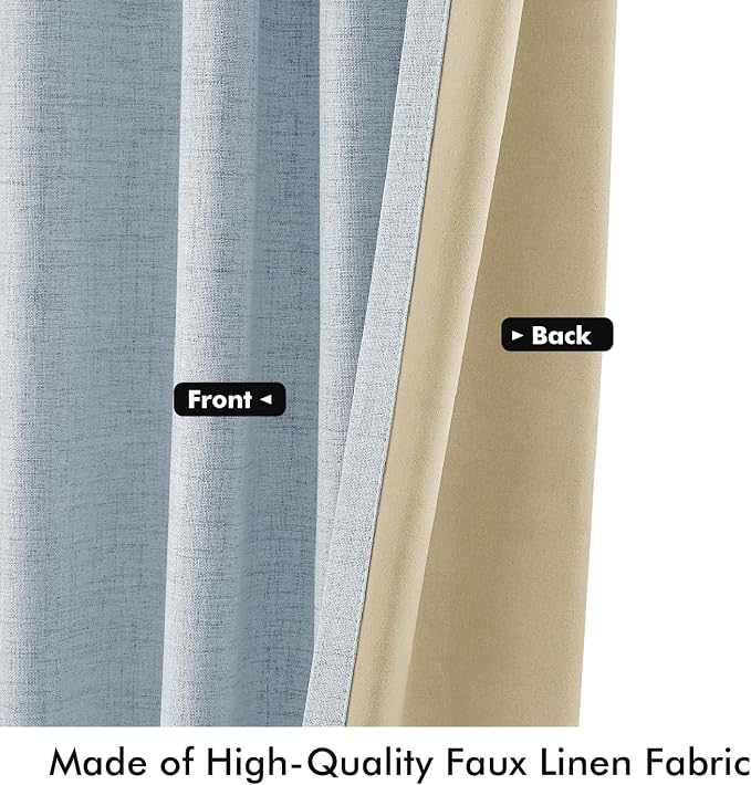 MIULEE 100% Blackout Linen Curtains 42 x 96 Inch Chambray Blue 2 Panels | Thermal Insulated, Room Darkening Drapes for Bedroom Living Room, Back Tab Rod Pocket Pinch Pleated, Solid Luxury Decor