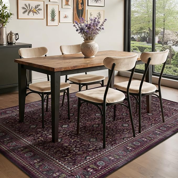 Fig 5x7 Area Rugs for Living Room Bedroom, Earth Tone Dark Academia Washable Rug for Dining Room, Non Slip Thin Soft Carpet Rugs for Den/Home Office/Kitchen/Foyer, Vintage Boho Floral Trellis