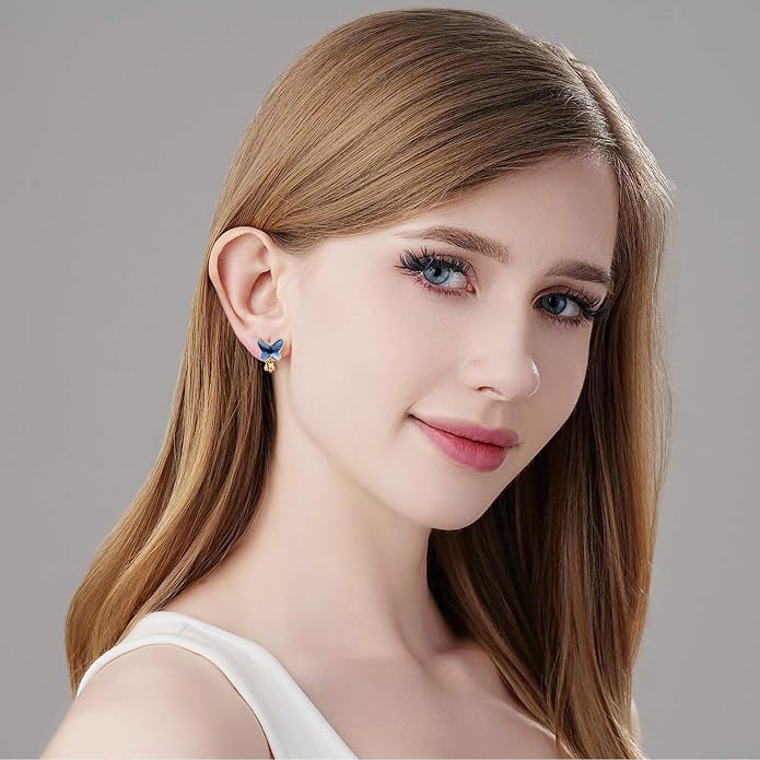 EVEVIC Austrian Crystal Butterfly Clip On Earrings for Women Adjustable Screw Back Non Pierced Earring 14K Gold Plated Hypoallergenic Jewelry