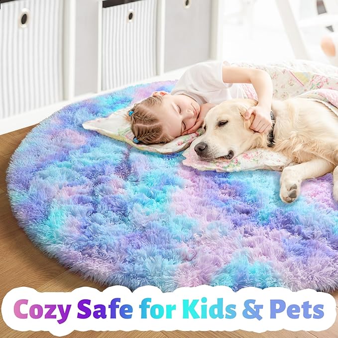Amdrebio Purple Rainbow Round Rug 4Ft for Bedroom Girls Room Decor, Circular Mermaid Kids Rugs for Playroom Nursery Dorm, Fluffy Furry Cute Shag Carpet, Kawaii Circle Area Rugs for Baby Toddler Teen