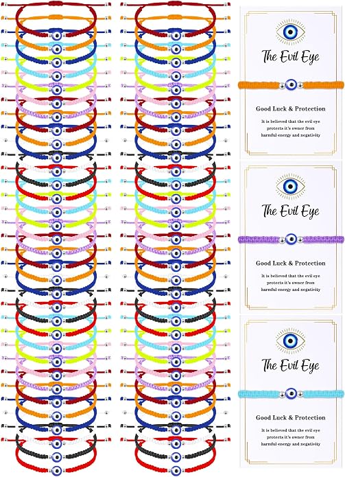 Sasylvia 100 Pcs Evil Eye Bracelets Gift Includes 50 Adjustable Evil Eye Protection Bracelets 50 Wishing Card