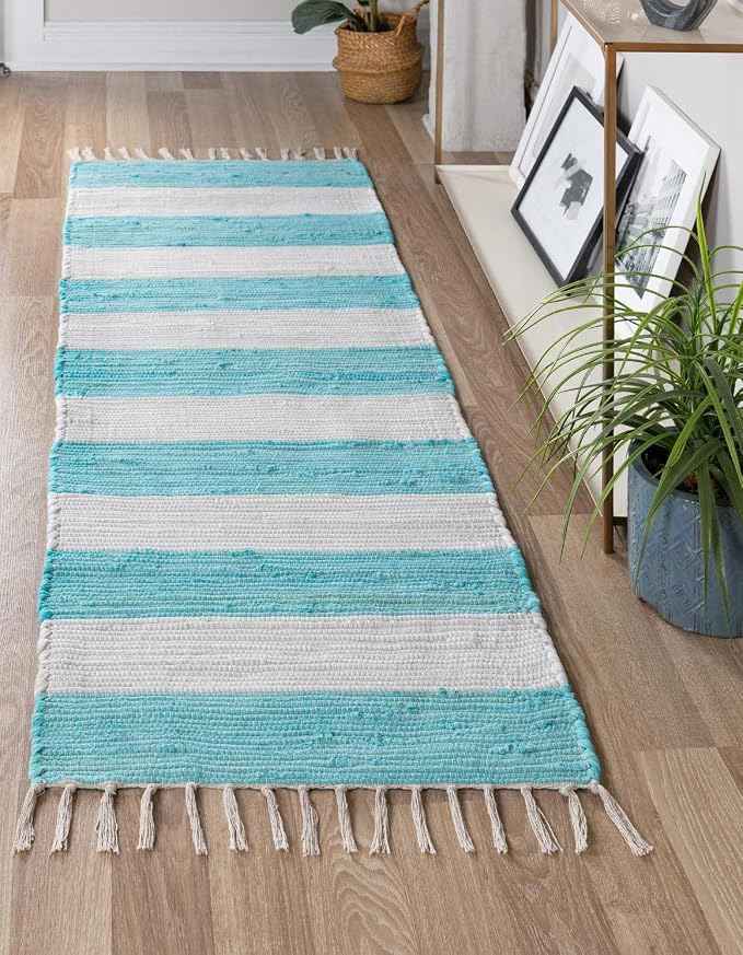 Unique Loom Chindi Rag Collection Area Rug - Striped (2' 2" x 10' Runner, Turquoise and Ivory)