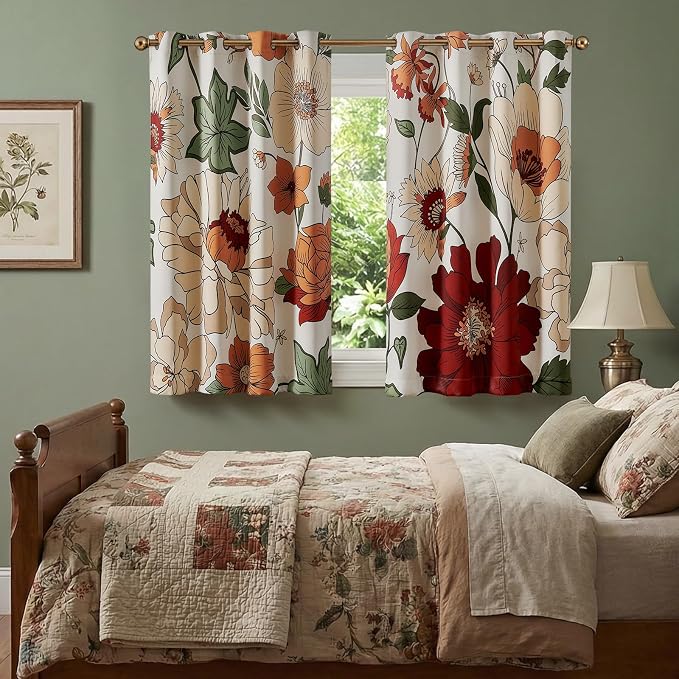 jinchan Beige Boho Floral Blackout Curtains 63 Inch Grommet 2 Panels | Room darkening, Vintage, living room, bedroom, privacy, floral print, flower pattern, fall decor, window treatments