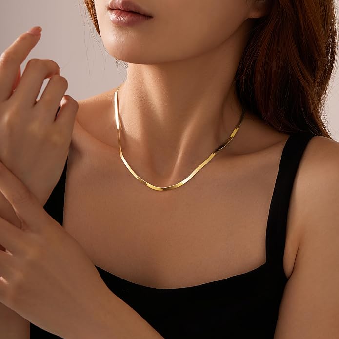 WomenGifts 14K Gold Silver Plated Herringbone Necklace for Women, Dainty Snake Chain Choker, Trendy Simple Long Layered Jewelry Non Tarnish, 3/4/5/8mm,14,16,18,20,22,24,26 Inch Thin & Chunky Options
