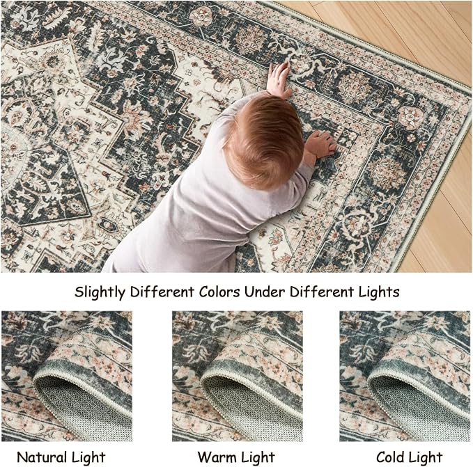 Roxstand 3x5 Washable Area Rug, Small Non Slip Rug, Black/Beige | Non-slip Backing, Low-Pile, Stain Resistant, Pet Friendly, For Living Room, Bedroom, Dining Room, Nursery