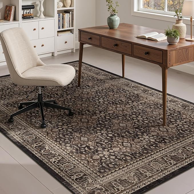 Dark Brown Black Rugs for Living Room 6x9, Vintage Farmhouse Dining Room Rugs for Under Table, Washable Low Plie Carpet Rug for Bedroom, Non Slip Moroccan Floral Trellis Rug for Home Office