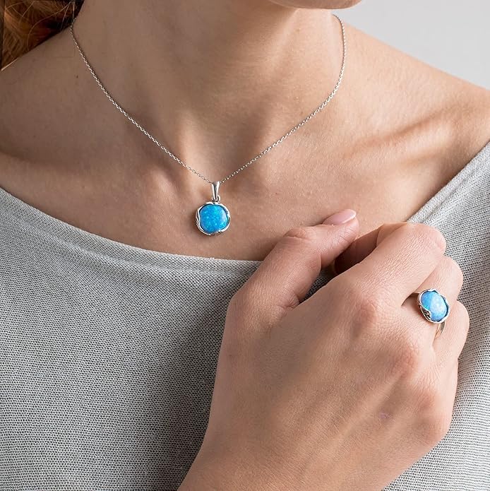 ADITA GOLD 925 Sterling Silver Blue Opal Necklace Women - Blue Opal Pendant Necklace Silver- October Birthstone Necklace - Silver Jewelry for Women- Minimalist Jewelry- Birthstone Necklaces