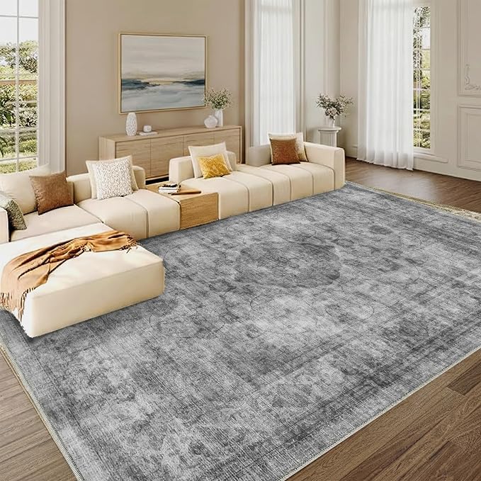 9x12 Area Rug for Living Room-Vintage Farmhouse Boho Floral Washable Stain Resistant Indoor Carpet for Bedroom Office and Home Decor(Ashen Black)