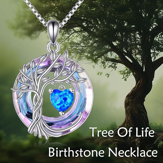 POPLYKE Mothers Day Gifts for Mom Her Wife Tree of Life Necklace 925 Sterling Silver Birthstone Pendant with Crystal Anniversary Birthday Wedding Jewelry for Women