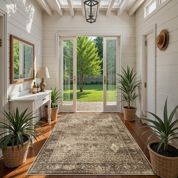 Lahome Margot Vintage 5x7 Washable Brown Rugs for Living Room Bedroom, Soft Dining Room Rugs for Under Table, Non Slip Indoor Throw Carpet for Entryway Kitchen Office (5x7ft,Brown)