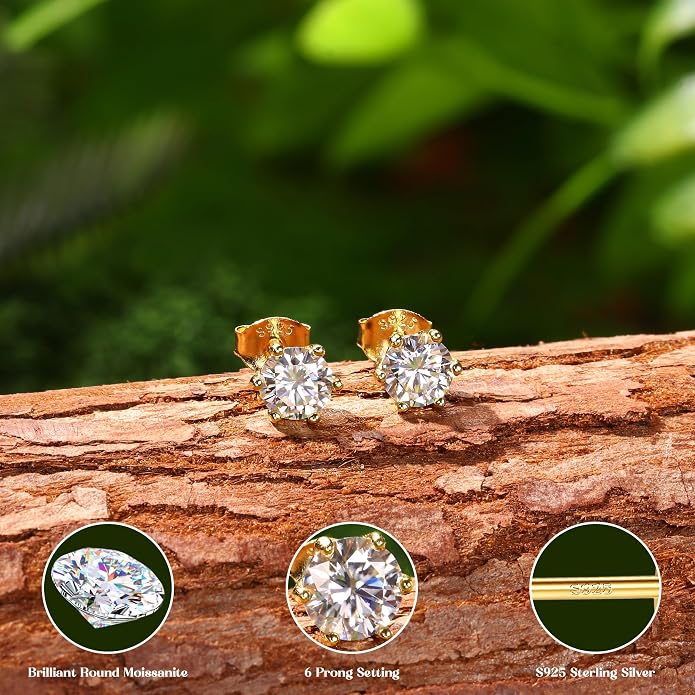 Moissanite Stud Earrings : 18K White Gold Plated Solid 925 Sterling Silver Earring Hypoallergenic Dainty Flat Back Stud Earrings Jewelry for Women Men D Color VVS1 Clarity