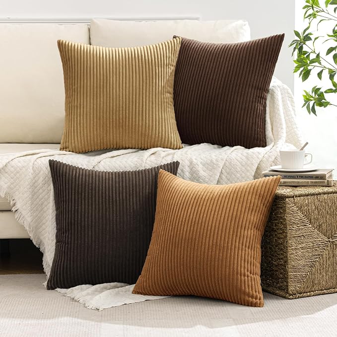 MIULEE Boho Farmhouse Throw Pillow Covers 20x20 Inch Set of 4 Rustic Mordern Neutral Cushion Covers Soft Corduroy Nordic Fall Home Decor for Couch Bed Sofa Living Room Camel Brown