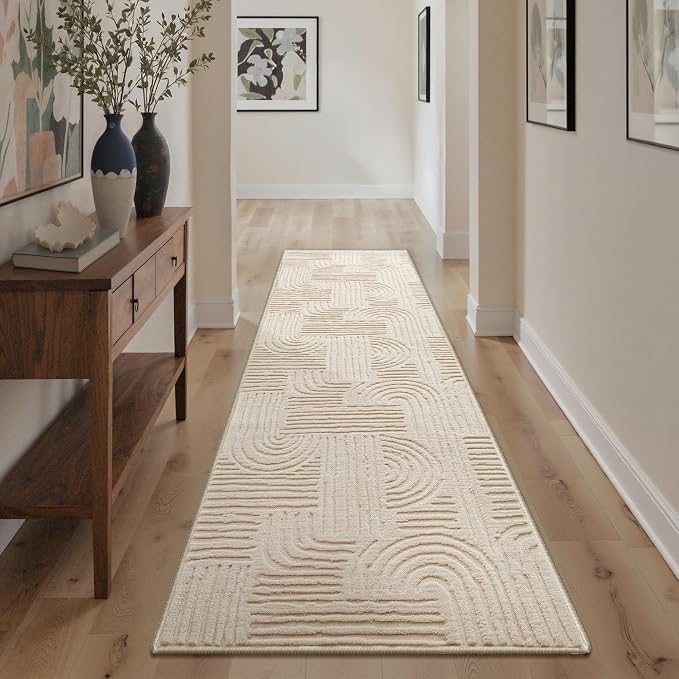 GENIMO Soft 2'6''x8' Washable Runner Rug Non Slip, 3D Modern Arch Pattern Hallway Runner, High-Low Pile Non Slip Fuzzy Carpet, Non-Shedding Stain Resistant Beige Rugs for Entryway Bedroom Laundry