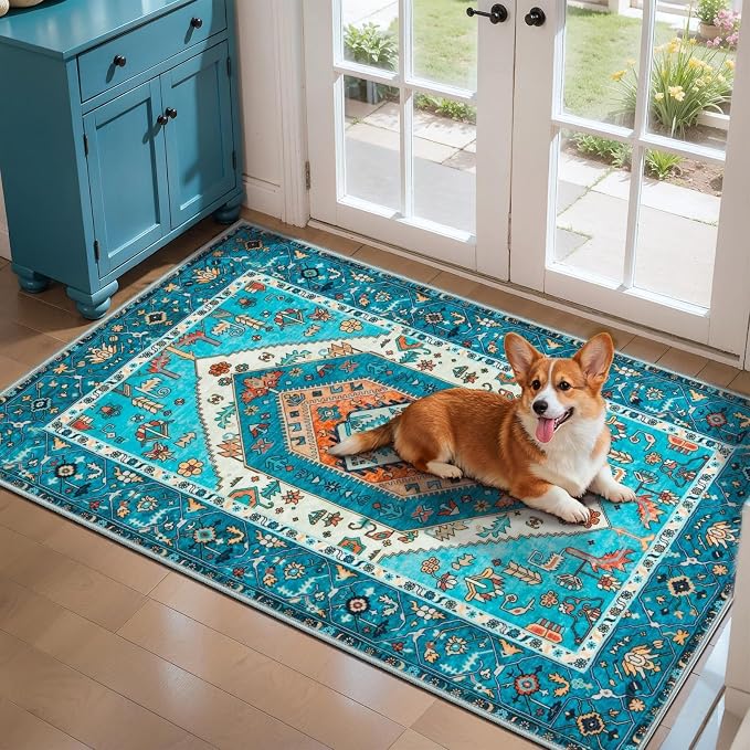 SERISSA 2x4 Boho Rugs for Entryway, Washable Non-Slip Kitchen Runner Rug, Ultra Soft Small Area Rug Vintage Blue Low-Pile Door Mat Indoor Entrance Carpet for Bedroom Hallway Laundry Room