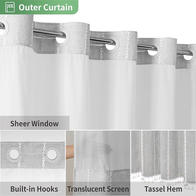 eachope No Hook Extra Long Shower Curtain Set with Snap-in Liner,Linen Textured Thick Striped Fabric with Tassels,Boho Chic Modern Farmhouse Bathroom Curtain,Water-Repellent,Grey/Gray,71x86