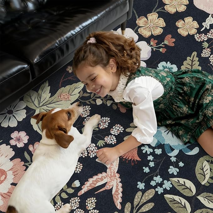 DCX Black Floral Rug 2x6, Washable Black Rug for Living Room, Kid & Pet Friendly with Rubber Back Non Slip, Soft Low Pile Carpet, Stain Resistant Rug for Bedroom, Nursery, Dining Room