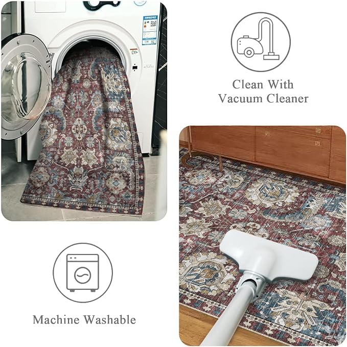 RUGSURE Washable Area Rugs - Perfect for Living Room, Bedroom, Kids Room, Nursery - Stain & Water Resistant Non-Slip, Pet & Child Friendly, Vintage Tribal Area Rugs (Rust and Bule, 9' x 12')