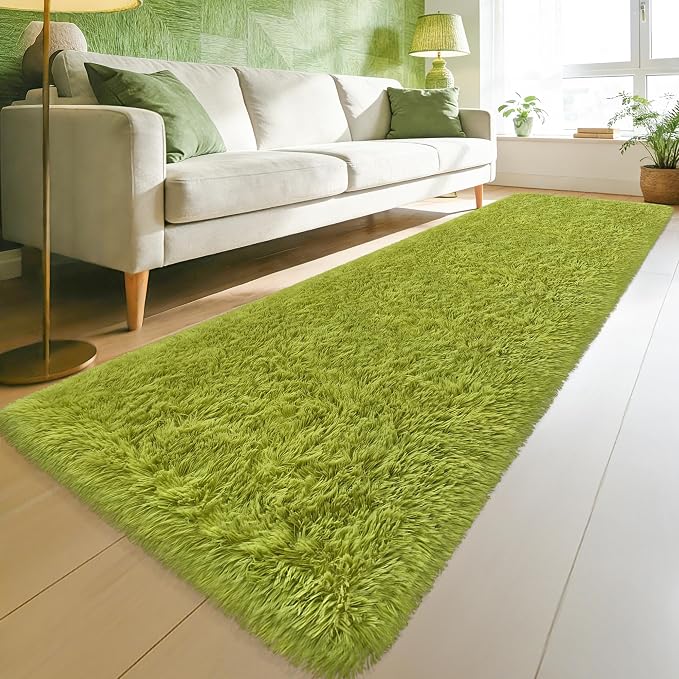 Soft Grass Green Fluffy Rug for Bedroom Living Room, 2x8 ft Fuzzy Green Shag Rug Runner Carpet for Hallways Entryway Nursery Bedside Kids Room Teen Dorm Home Decor Indoor