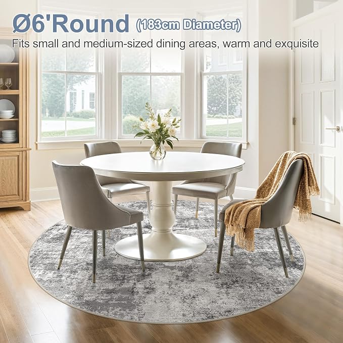 DMOYEST 6ft Round Area Rug for Living Room - 6x6 Washable & Non Slip Circle Rug, Kid & Pet Friendly Soft Low Pile Abstract Carpet for Bedroom and Dining Room - Grey