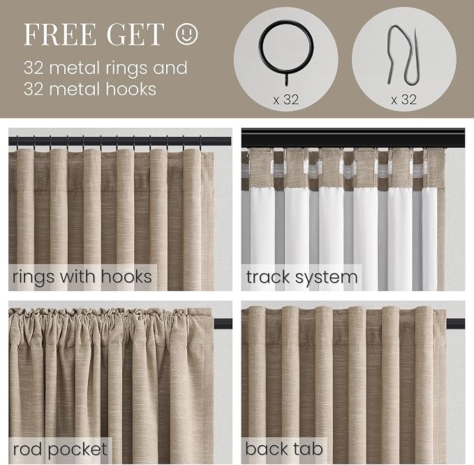 Topfinel Burlywood Blackout Linen 96 Inch Long 2 Panels Set, 100% Light Blocking Rod Pocket & Back Tabs Drapes for Living Room, Modern Rustic Thermal Insulated Blackout Window Curtains 52" W*96" L