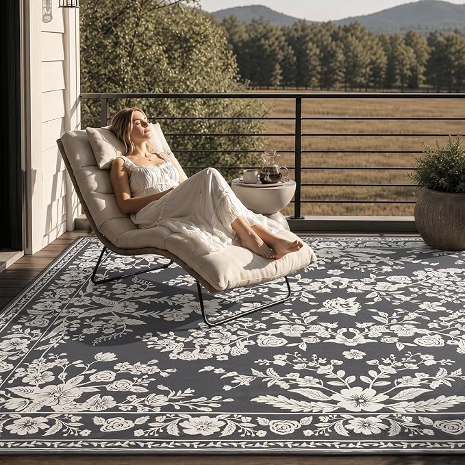 AMOAMI-Outdoor Rug-Patio Rug 8x10 ft Quick Dry Machine Washable Flatweave Textured Outdoor Carpet with Rubber Particles Backing Indoor Outdoor Rugs for Patio Deck Front Porch Balcony Greyish Black