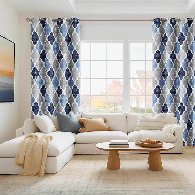 Beauoop Moroccan 100% Blackout Curtains Bedroom Blue Grey 50x45 2 Panels | Geometric Room Darkening Drapes for Living Room 45 Inch Long Thermal Insulated Soundproof Lattice Window Treatment Grommet