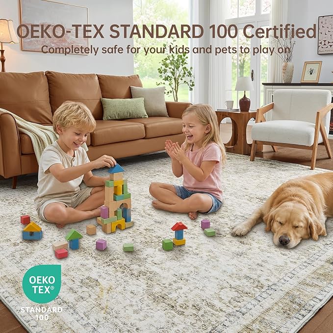 Sasttie 4x6 Area Rug, Ultra-Soft Washable Rug, Low Pile Foldable Thin Carpets with Non-Slip Backing, Skin-Friendly Stain Resistant Carpet for Living Room, Bedroom, Kitchen, Dorm, 4x6, Beige