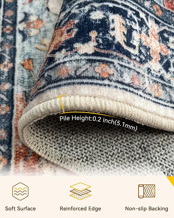 RELEANY Area Rugs Runner 3'x12' Washable Non-Slip, Floral Vintage Distress Medallion Carpet for Kitchen Hallway Bedroom Beside Laundry Room Bathroom, Beige Navy Blue Orange Colorful
