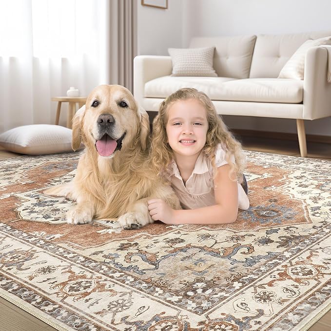 5x7 Washable Area Rug: Vintage Neutral Soft Non Slip Thin Large Floor Carpet for Living Room Bedroom Kitchen Dining Room Home Office Farmhouse Indoor - Brick Red