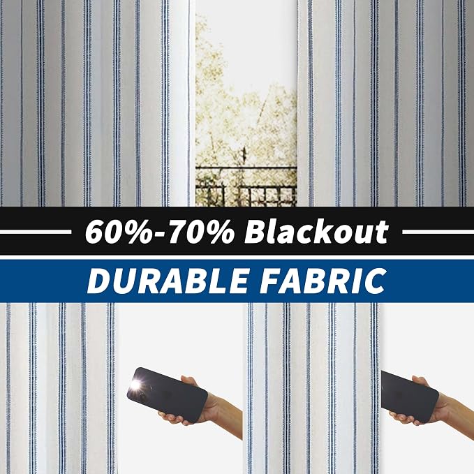 DriftAway Farmhouse Stripe Blackout Curtains, W52xL63, Navy Blue | Blackout, Linen Texture, Stripe Pattern, Rod Pocket & Back Tab, Two Layers, Bedroom Living Room Use, Sound Reducing Design