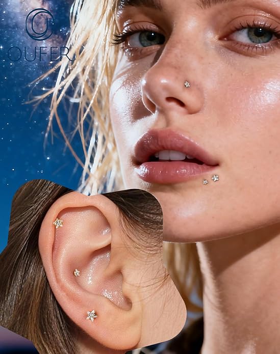 OUFER 18G 6/7/8MM Flat Back Cartilage EarRings-3PCS Gold Titanium Extended Internally Threaded Lip Piercing 2/3/4MM Round Clear CZ Helix Piercing Jewelry