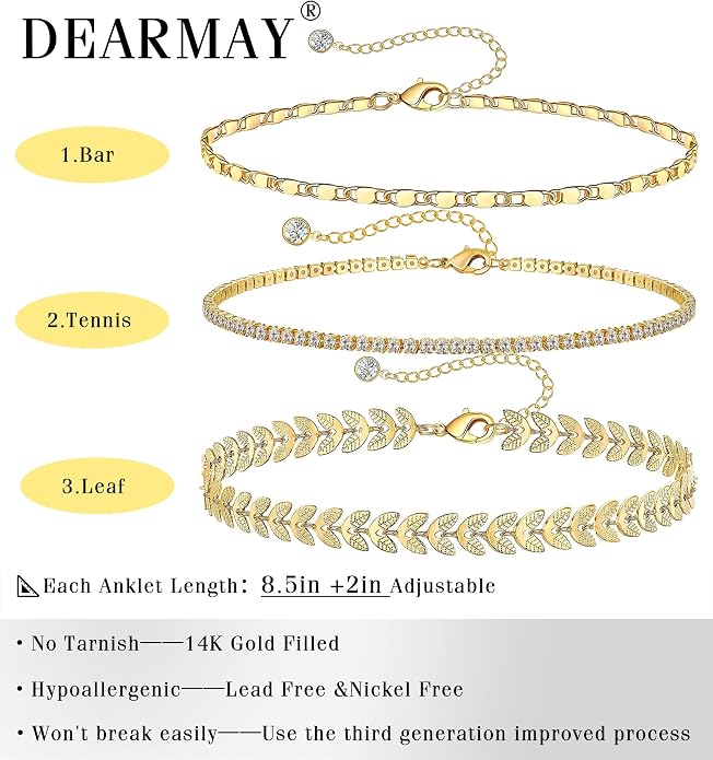 DEARMAY Gold Anklets for Women Waterproof, Non Tarnish14K Gold Plated Ankle Bracelets Set Stack, Summer Beach Jewelry Gifts for Vacation, Bikini Outfits for Women Mom Her