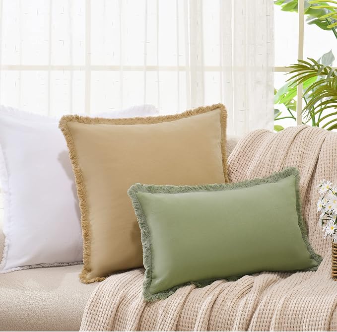 ZWJD Pillow Covers 16x16 Set of 2 Khaki Throw Pillow Covers with Fringe Chic Cotton Decorative Pillows Square Cushion Covers for Sofa Couch Bed Living Room Farmhouse Boho Decor