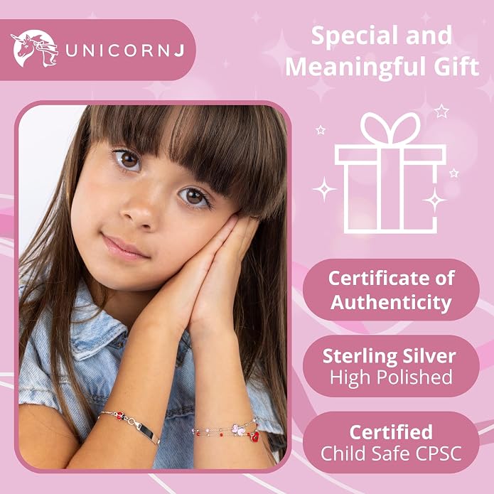 UNICORNJ 925 Italy Sterling Silver Child or Baby Name Bracelet Girls Boys, Personalized Engraved Kids ID Bracelets, 6.5" Figaro Chain, Enamel Charm Newborn Infant Toddler Kid Jewelry