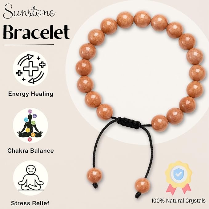 Amazing Gemstone Sunstone Bracelet for Women Men's Gifts - Protection Healing Crystal Bracelet - 8mm Gemstone Beaded Adjustable Bracelet