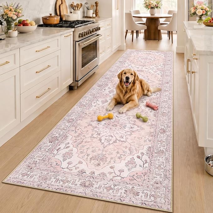 RELEANY Area Rugs Runner 3'x10' Washable Non-Slip, Floral Vintage Distress Medallion Carpet for Kitchen Hallway Bedroom Beside Laundry Room Bathroom, Pink Greypink Cute