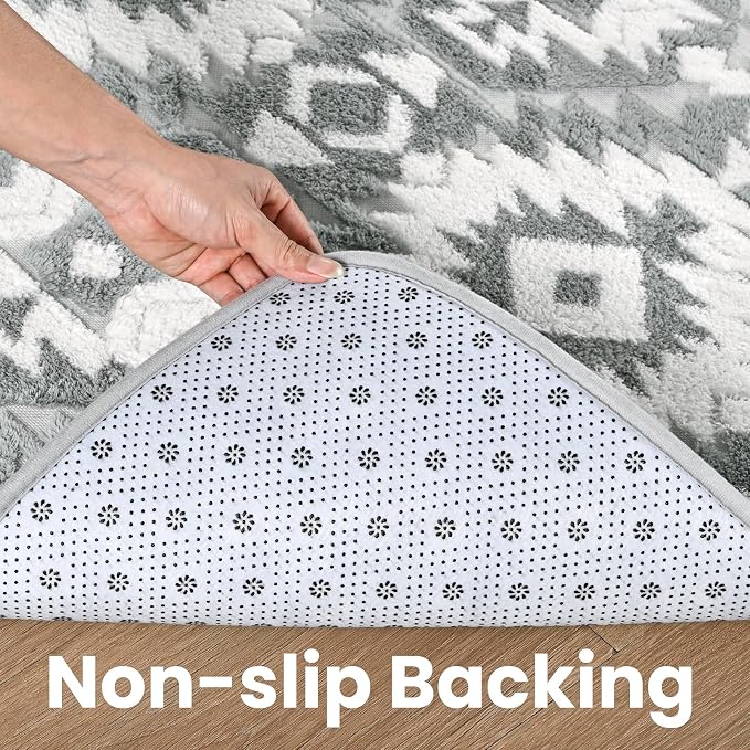 Macgace Soft Area Rug for Girls Bedroom, 3x5 Grey and White Shag Rugs | Washable Non-Slip Backing Medium Pile Modren Geometric Fuzzy Carpet for Kids Room, Classroom, Living Room, Dorm