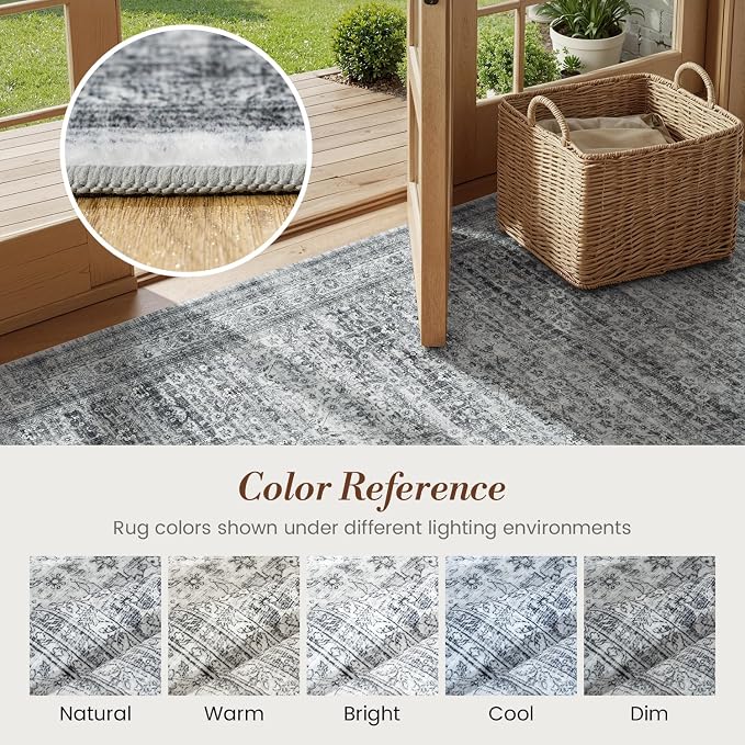 8x10 Washable Area Rugs for Living Room Bedroom, Non-Slip Large Rugs | Vintage Distressed Retro; Low Pile; Stain Resistant; Neutral Boho Carpet for Dining Room, Nursery, Home Office; Foggy Grey