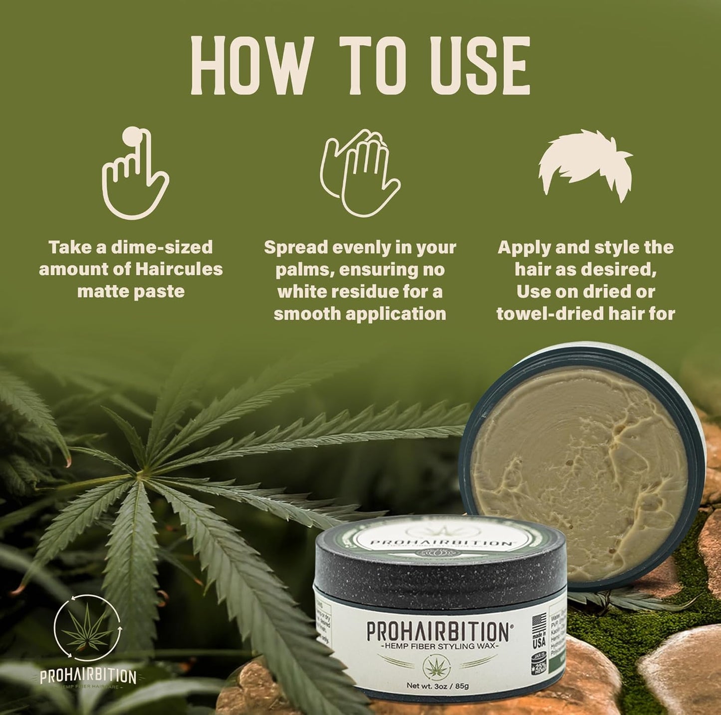 Hemp Fiber Hair Wax Strong Hold Matte Finish – Non-Greasy and Long Lasting Hemp Infused Styling Wax for Healthier Hair- No Paraben Vegan Friendly Formula in Sustainable Packaging