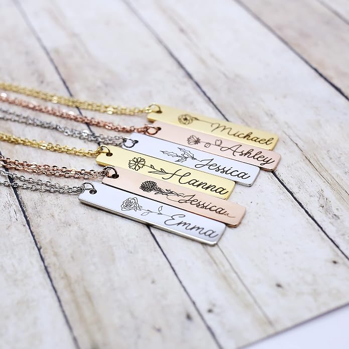 Personalized Flower Name Necklace Custom Engraved Bar Pendant Stainless Steel Floral Nameplate Jewelry Adjustable Cable Chain Gift for Her Women Mother Daughter Keepsake