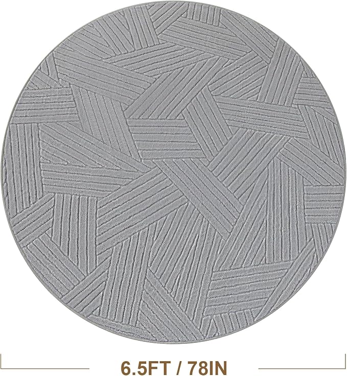 Carvapet 6.5' Round Rug Washable High Low Pile Area Rug Soft Plush Light Grey Carpet for Living Room Bedroom Non Slip Indoor Floor Rug for Home Kids Nursery Decor